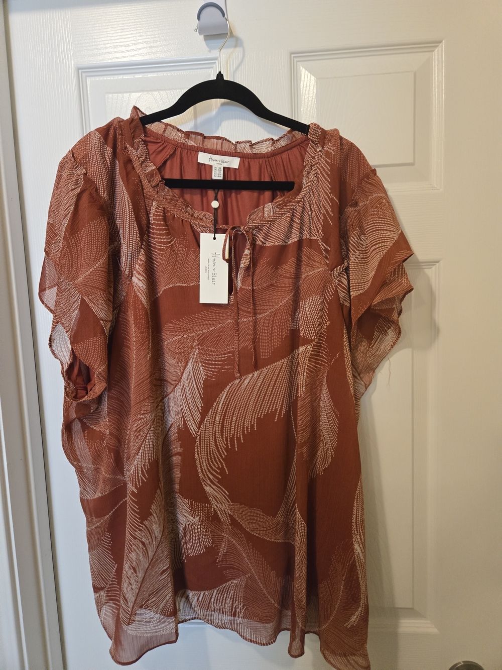 Rust Feather-Print Peasant Blouse with Tie Neck - Picture 5 of 8